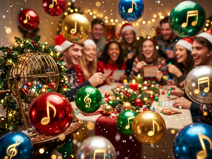 Glade gæster spiller musikbingo til julefrokosten